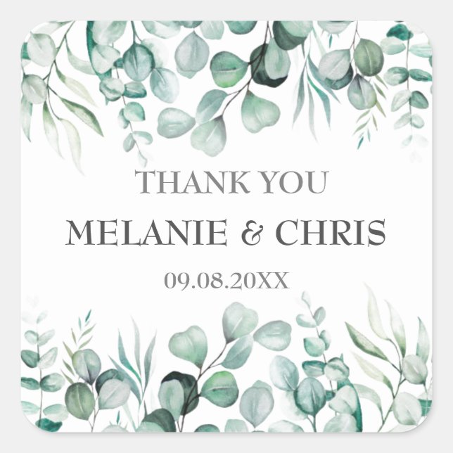 Eucalyptus Greenery Custom Boho Rustic Wedding Square Sticker (Front)