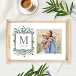 Eucalyptus Greenery Custom Family Monogram Photo Serving Tray<br><div class="desc">Elegant nature-inspired custom serving tray features a family monogram initial / letter with last name that can be personalized, framed by an organic watercolor greenery design with eucalyptus foliage, leaves, and silver dollar eucalyptus branches in soft verdant shades of mint, green, olive, and muted blue green. Add a favorite family...</div>