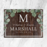 Eucalyptus Greenery Dark Wood Couple Wedding Gift Cutting Board<br><div class="desc">Rustic dark brown wood with eucalyptus greenery cutting board with the couples first names,  last name monogram,  full last name,  and wedding date available in customisable templates.  A cute country barbecue themed gift to help celebrate a summer wedding cookout.</div>