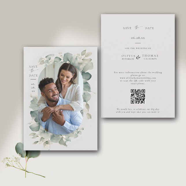 Eucalyptus Greenery Dreamy Modern Photo Wedding Save The Date (modern minimalist simple wedding save the date typography calligraphy eucalyptus greenery frame chic)