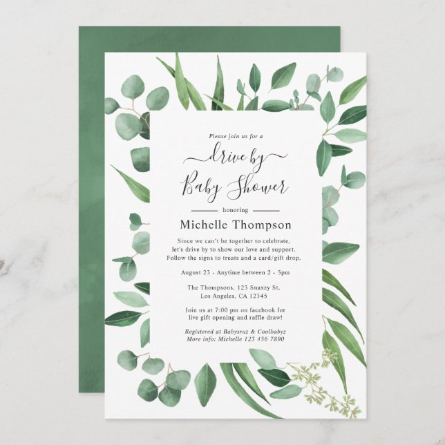 Eucalyptus Greenery Drive By Bridal or Baby Shower Invitation (Front/Back)