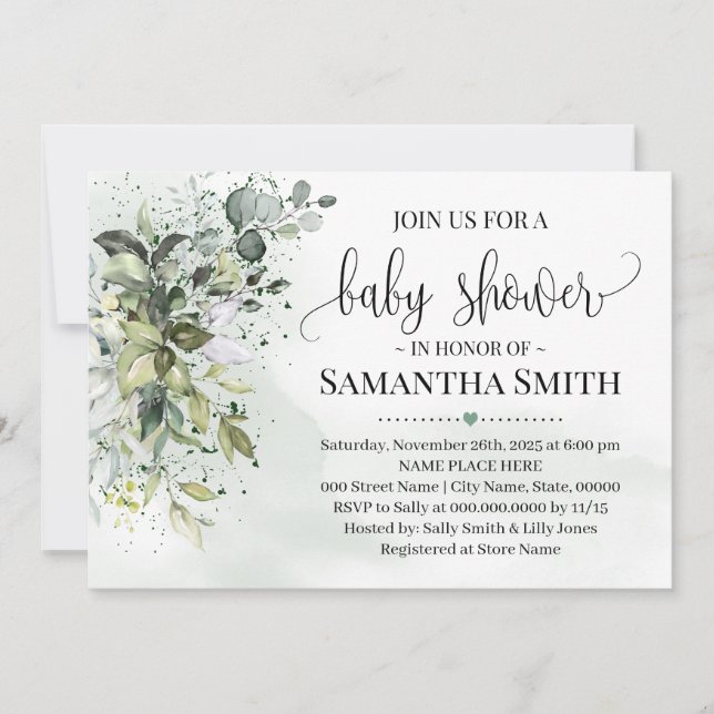 Eucalyptus greenery dust watercolor baby shower invitation (Front)