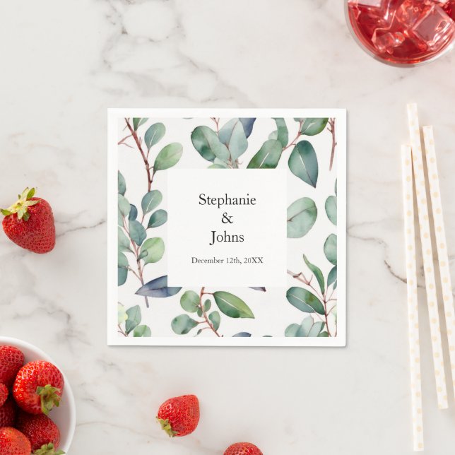 Eucalyptus Greenery Dusty Blue Art Elegant Wedding Napkin (Insitu)