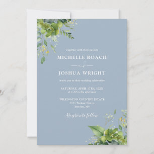 Eucalyptus Greenery Dusty Blue QR Code Wedding Invitation