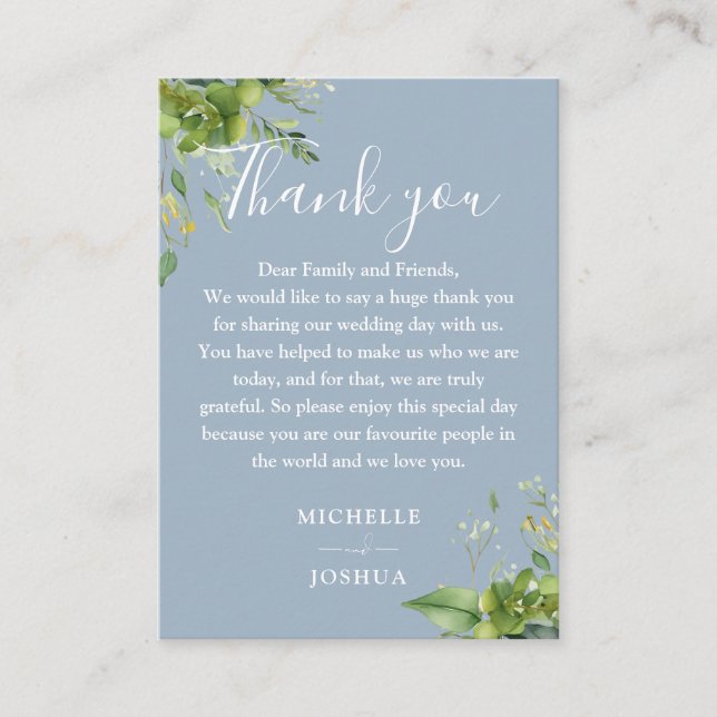 Eucalyptus Greenery Dusty Blue Wedding Thank You Place Card (Front)