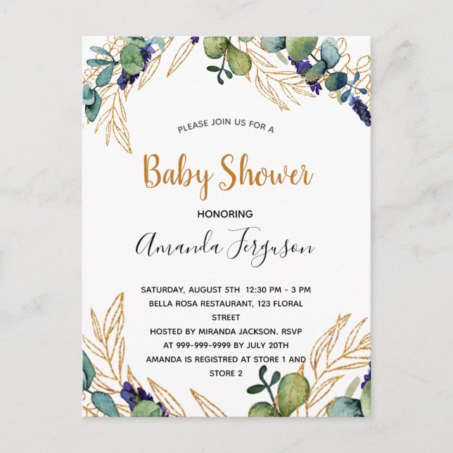 Eucalyptus greenery elegant baby shower invitation postcard (Front)