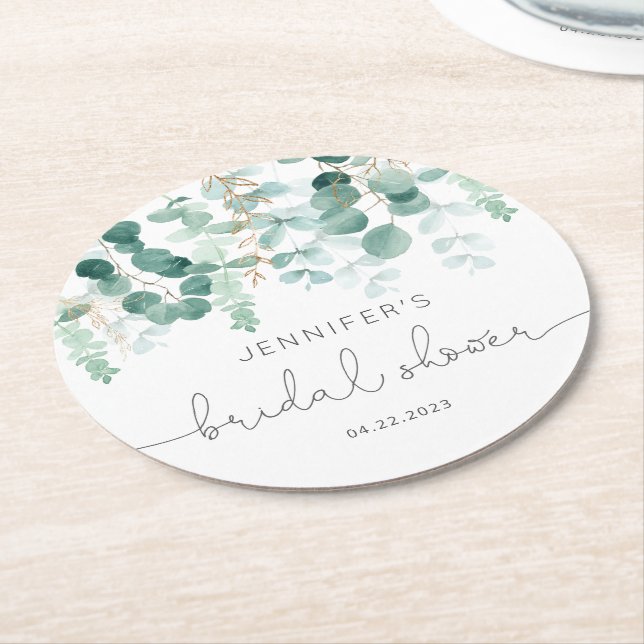 Eucalyptus greenery elegant bridal shower round paper coaster (Angled)