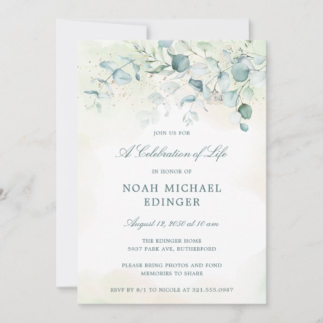 Eucalyptus Greenery Elegant Celebration of Life Invitation (Front)