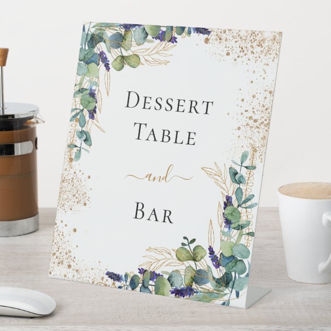 Eucalyptus greenery elegant dessert table bar pedestal sign (In SItu)