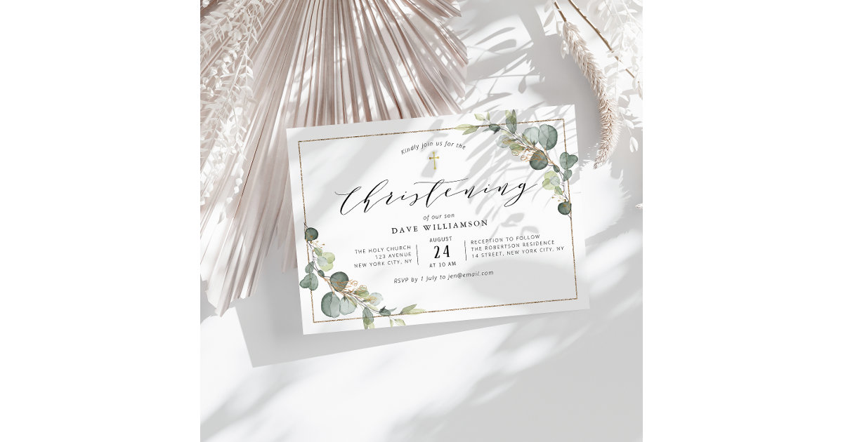 eucalyptus greenery elegant frame christening invitation Zazzle
