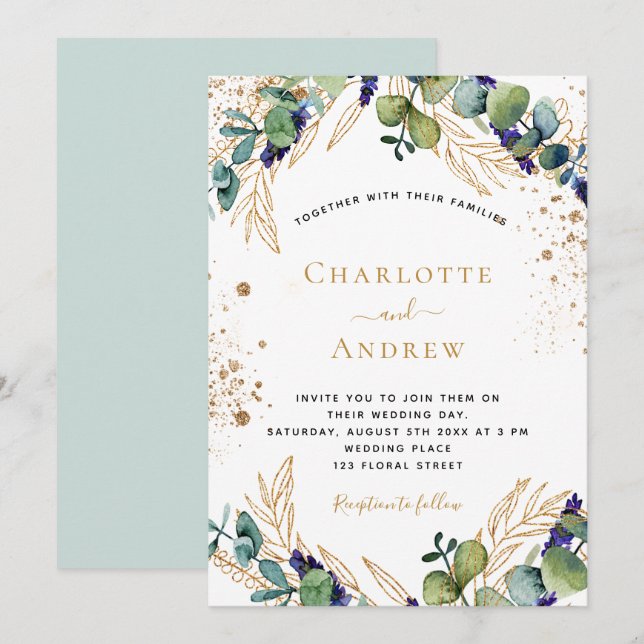 Eucalyptus greenery elegant glitter wedding invitation (Front/Back)