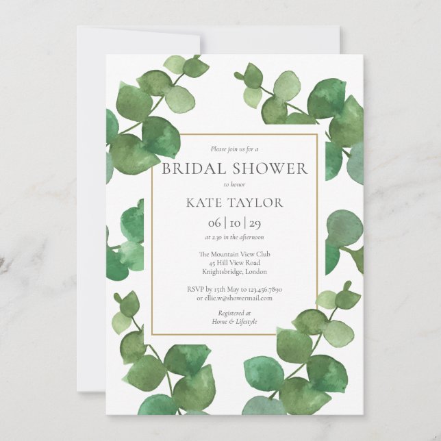 Eucalyptus Greenery Elegant Gold Bridal Shower Invitation (Front)