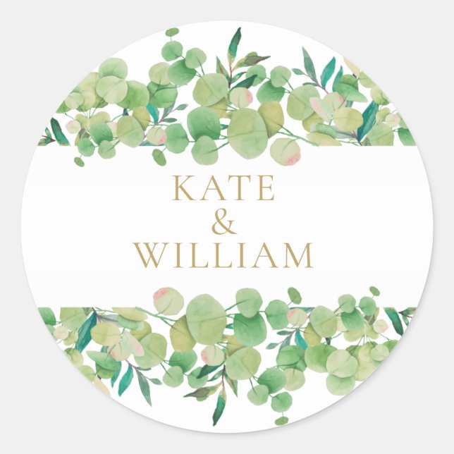 Eucalyptus Greenery Elegant Gold Classic Round Sticker (Front)