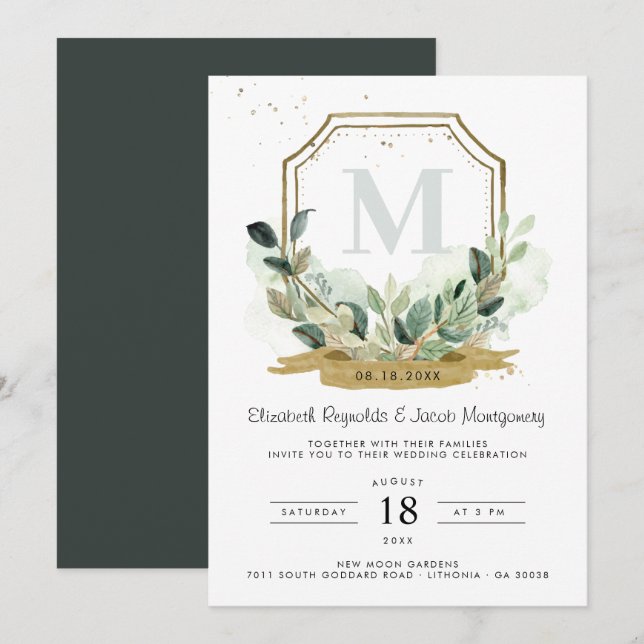 Eucalyptus Greenery Elegant Gold Crest Wedding Invitation (Front/Back)