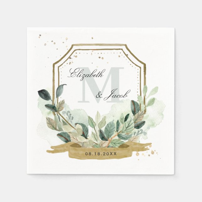 Eucalyptus Greenery Elegant Gold Crest Wedding Napkin (Front)