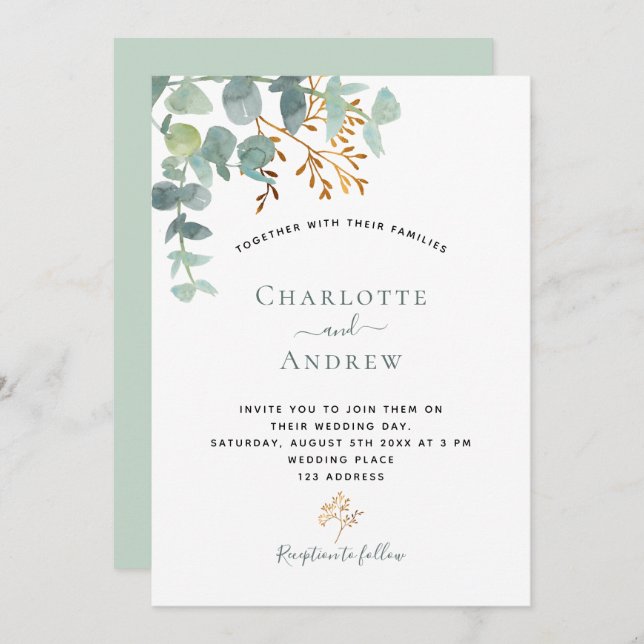 Eucalyptus greenery elegant gold modern wedding invitation (Front/Back)