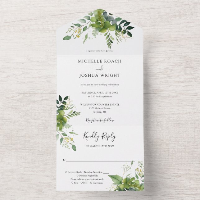 Eucalyptus Greenery Elegant Monogram Wedding All In One Invitation (Inside)
