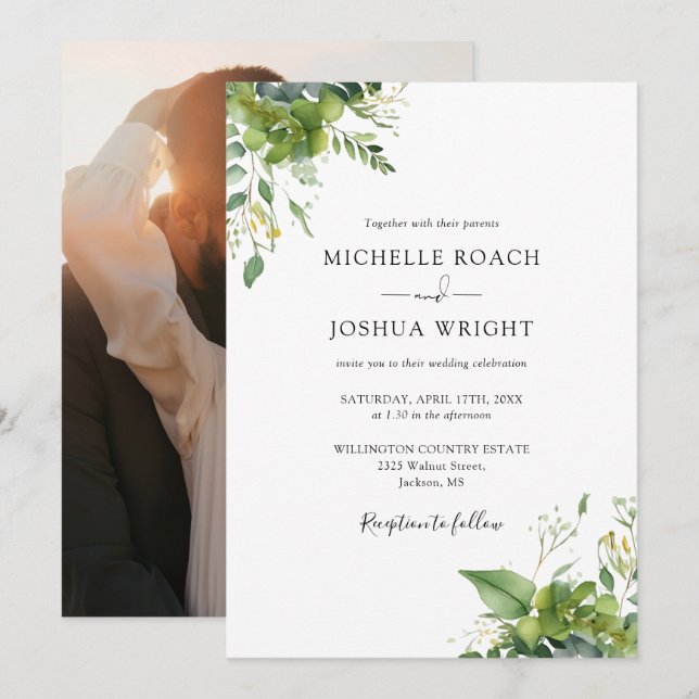 Eucalyptus Greenery Elegant Photo Wedding Invitation (Front/Back)