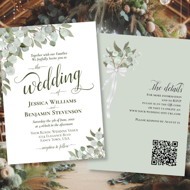 Eucalyptus & Greenery Elegant QR Code Wedding Invitation (Front/Back)