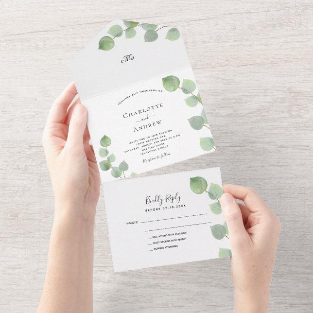 Eucalyptus greenery elegant wedding all in one invitation (Tearaway)