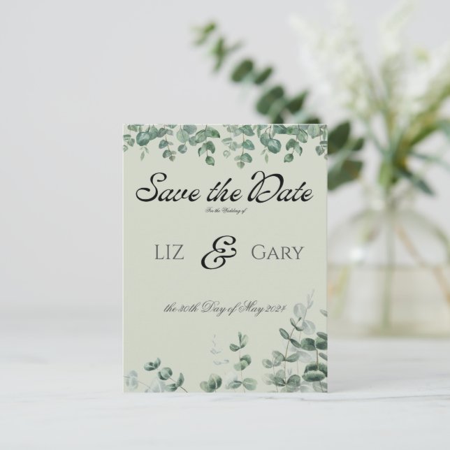 Eucalyptus Greenery Elegant Wedding Save the Date Postcard (Standing Front)