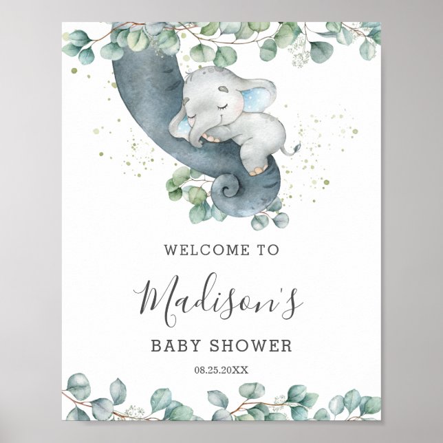 Eucalyptus Greenery Elephant Baby Shower Welcome Poster (Front)