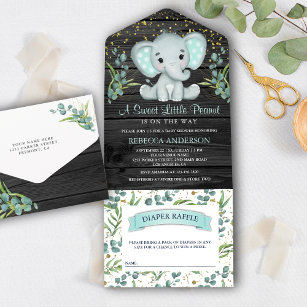 Eucalyptus Greenery Elephant Grey Wood Baby Shower All In One Invitation