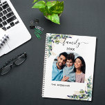 Eucalyptus greenery family photo 2025 planner<br><div class="desc">Personalize and add your own family photo. Decorated with eucalyptus and faux gold foliage. Elegant white background.  Add your family name and year.</div>