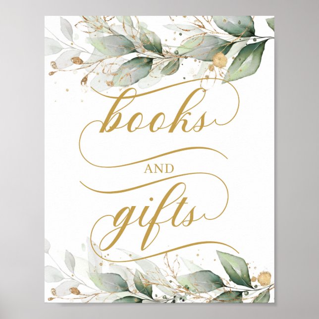 Eucalyptus greenery faux gold books and gifts sign (Front)