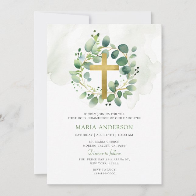 Eucalyptus Greenery First Holy Communion  Invitation (Front)
