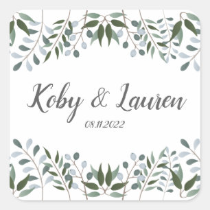 Eucalyptus Greenery Floral Anniversary Date Square Sticker