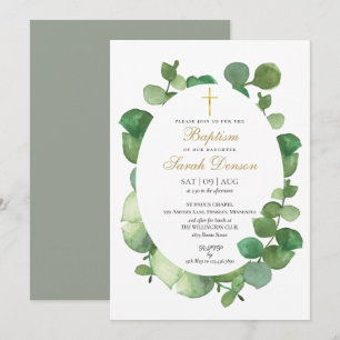 Eucalyptus Greenery Floral Baptism Christening Invitation