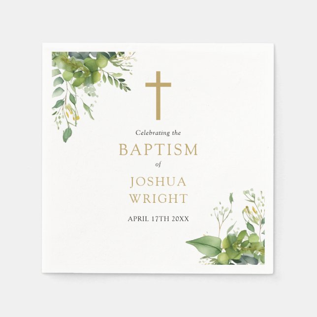 Eucalyptus Greenery Floral Baptism Christening Napkin (Front)