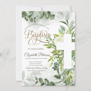 Eucalyptus Greenery Floral Cross Baptism Invitation