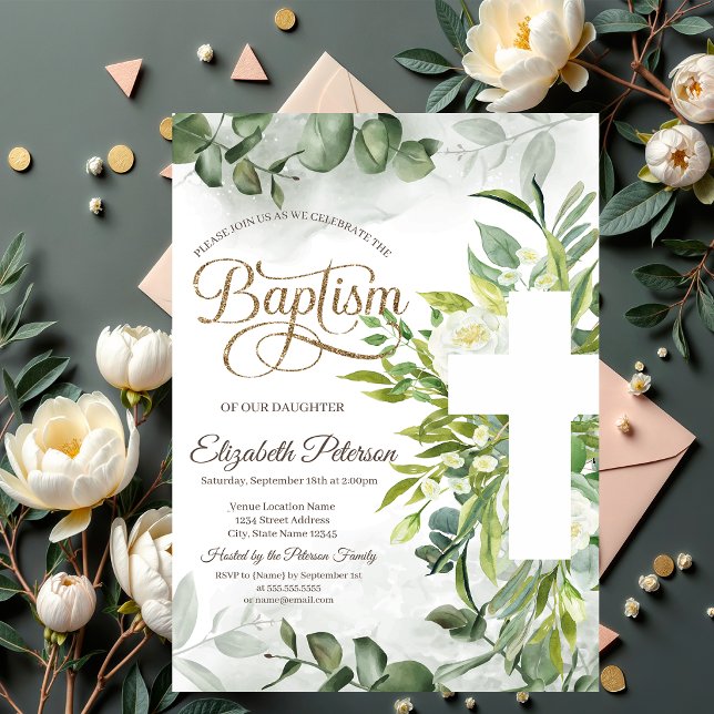Eucalyptus Greenery Floral Cross Baptism Invitation (Creator Uploaded)