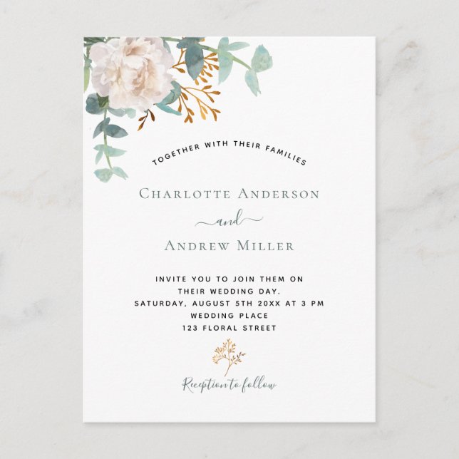 Eucalyptus greenery floral modern wedding postcard (Front)