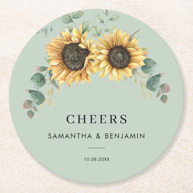 Eucalyptus Greenery Floral Sunflower Wedding Round Paper Coaster (Front)