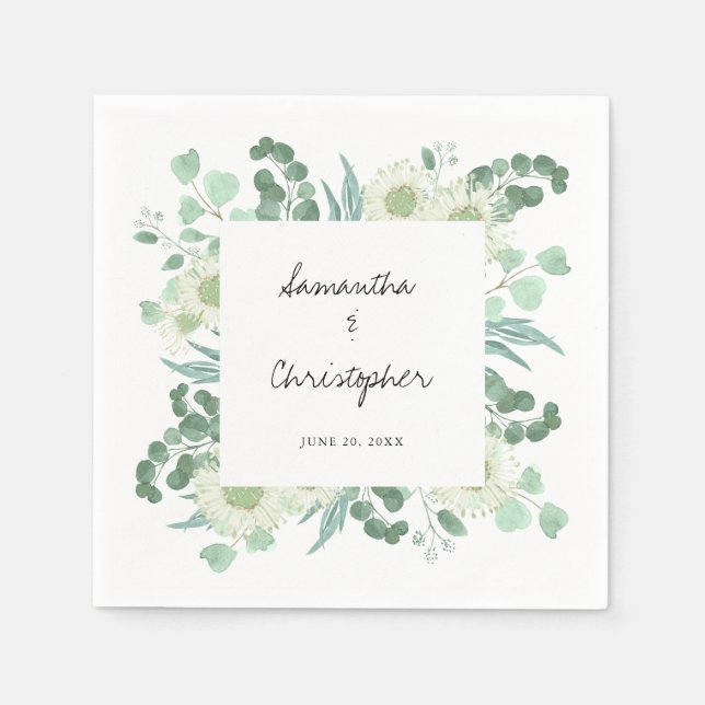 Eucalyptus Greenery Flowers Handwriting Wedding Napkin (Front)