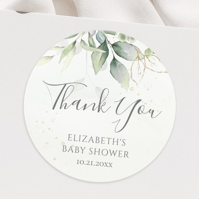 Eucalyptus Greenery Foliage Baby Shower Thank You Classic Round Sticker (Creator Uploaded)