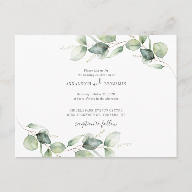 Eucalyptus Greenery Foliage Rustic Country Wedding Invitation Postcard (Front)