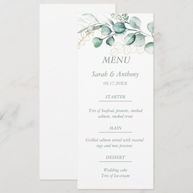 Eucalyptus Greenery Foliage Rustic Wedding Food  Menu (Front/Back)