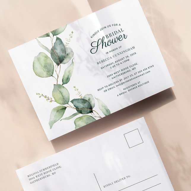 Eucalyptus Greenery Foliage Script Bridal Shower Invitation Postcard (Eucalyptus Greenery Botanical Bridal Shower Invitation Postcard)