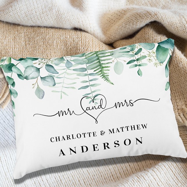 Eucalyptus greenery forest ferns mr mrs names decorative cushion (Creator Uploaded)