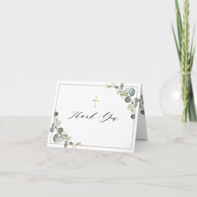 eucalyptus greenery frame baptism thank you card (Front)