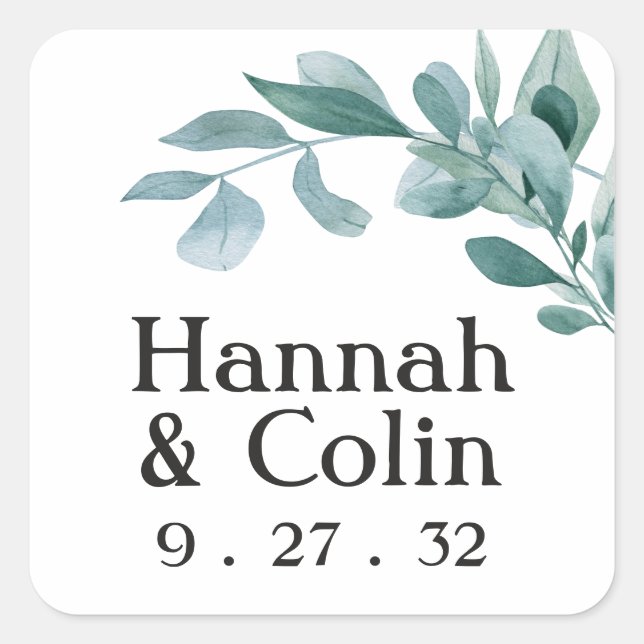 Eucalyptus Greenery Frame Green Blue Black Names Square Sticker (Front)