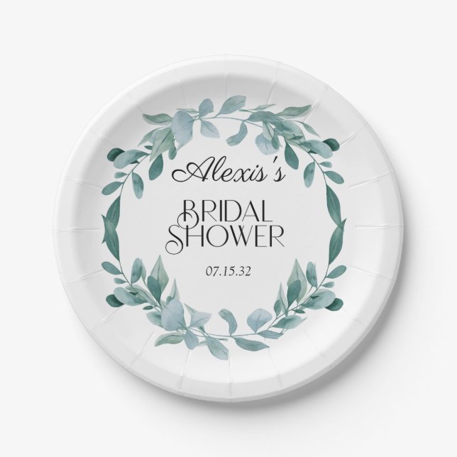 Eucalyptus Greenery Frame Green Blue Bridal Shower Paper Plate (Front)