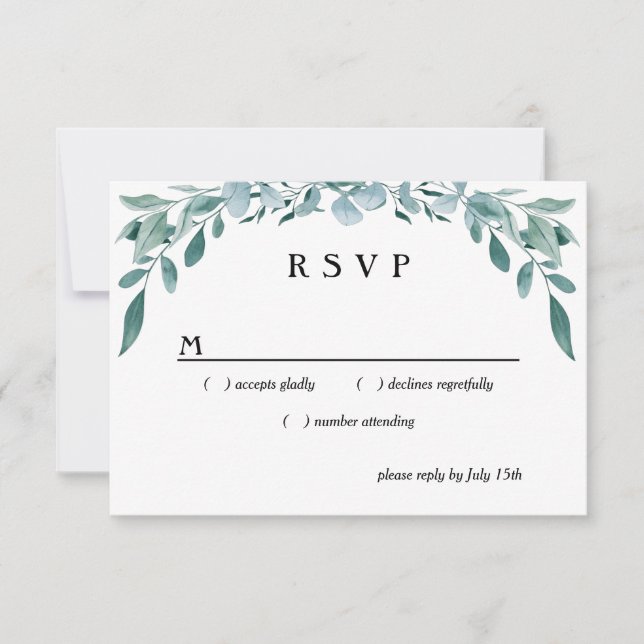 Eucalyptus Greenery Frame Green Blue White Black RSVP Card (Front)