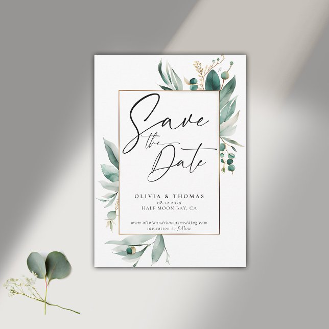 Eucalyptus Greenery Frame Modern Romance Wedding Save The Date (modern simple wedding save the date typography calligraphy eucalyptus greenery emerald green frame)