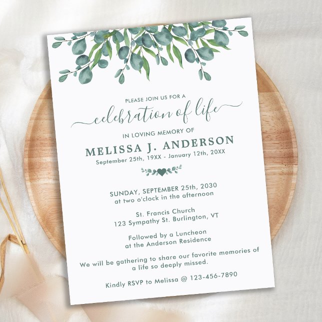 Eucalyptus Greenery Funeral Celebration Of Life Invitation Postcard (Creator Uploaded)