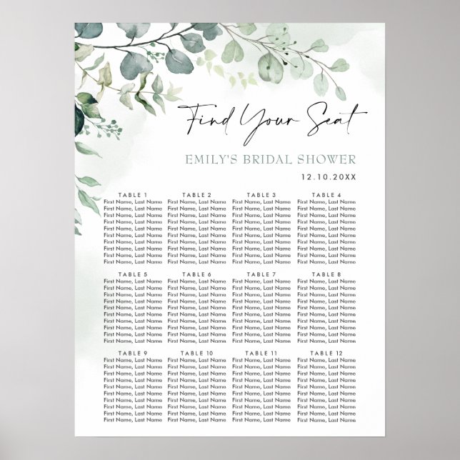 Eucalyptus Greenery Garden Bridal Shower Seating Poster (Front)